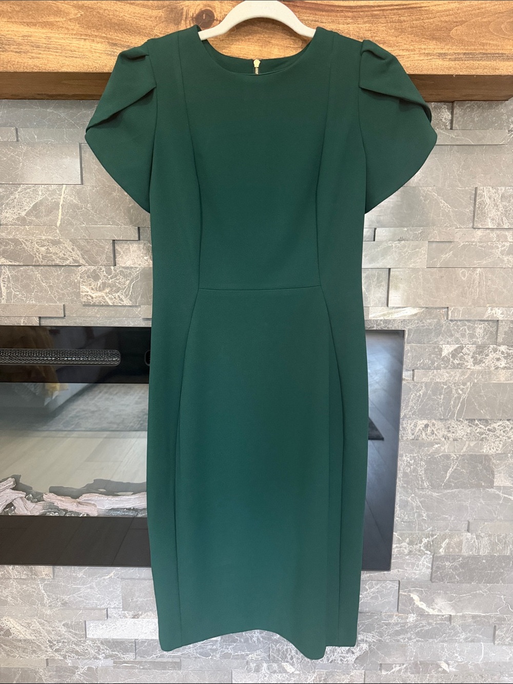 Calvin Klein Forest Green Midi Dress with Flutter Cap Sleeves